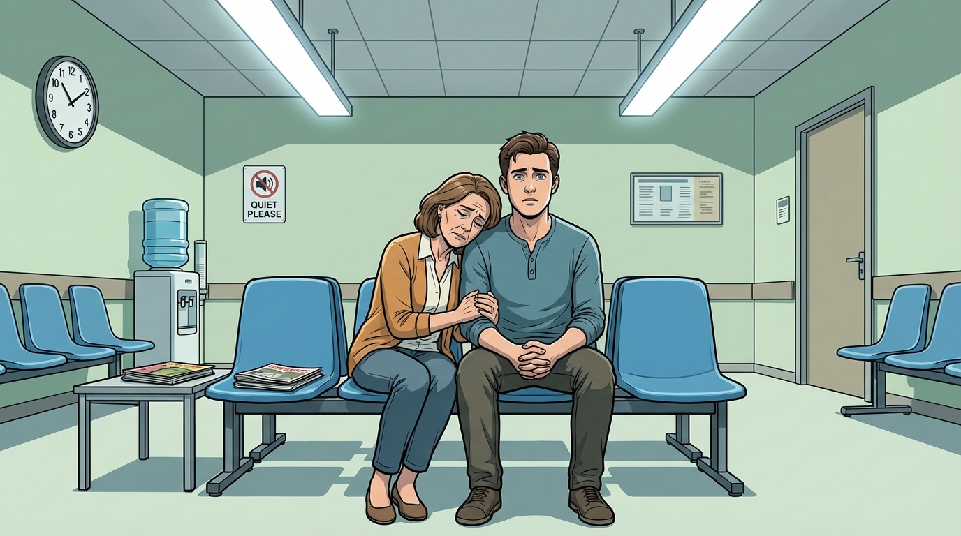 A family standing together in a quiet hallway, leaning on one another in the first moments after loss