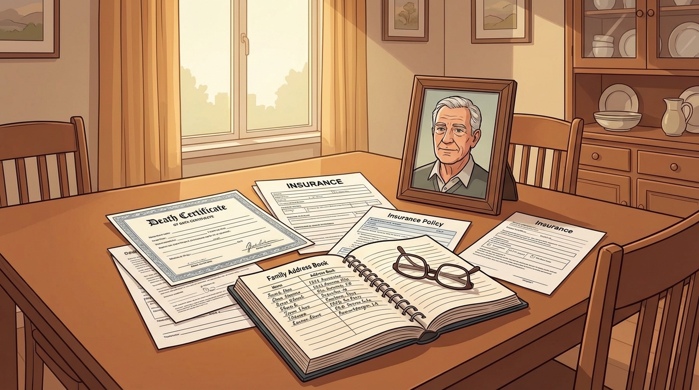 Important documents and family photographs gathered on a table, representing the first tasks after a loss