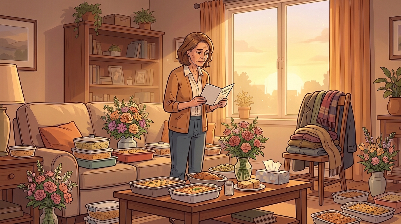 A quiet living room with sympathy cards and flowers, representing the weight and kindness of the first week