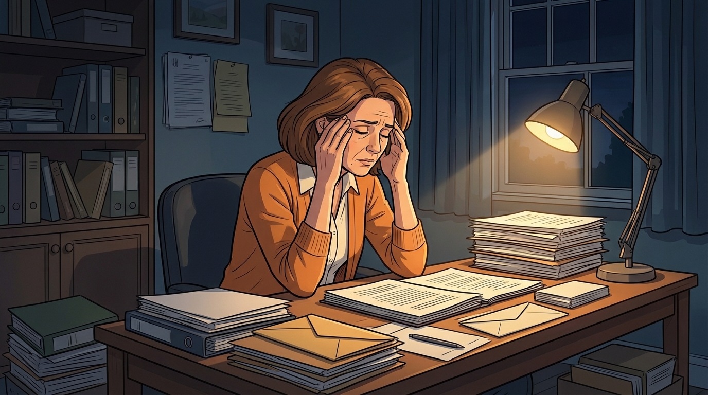 A desk with paperwork, a pen, and a cup of tea — the quiet administrative work of the weeks ahead