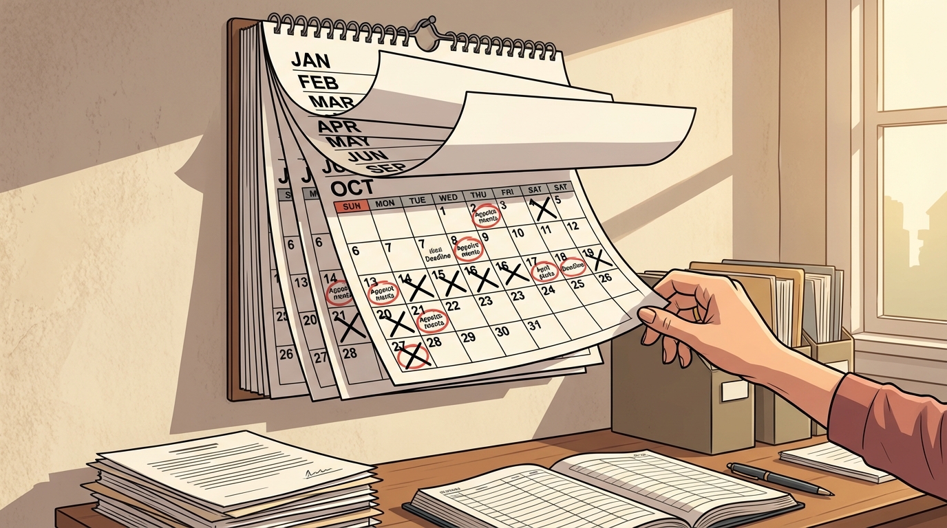 Calendar pages turning, representing the passage of the first three months and the ongoing work of settling an estate