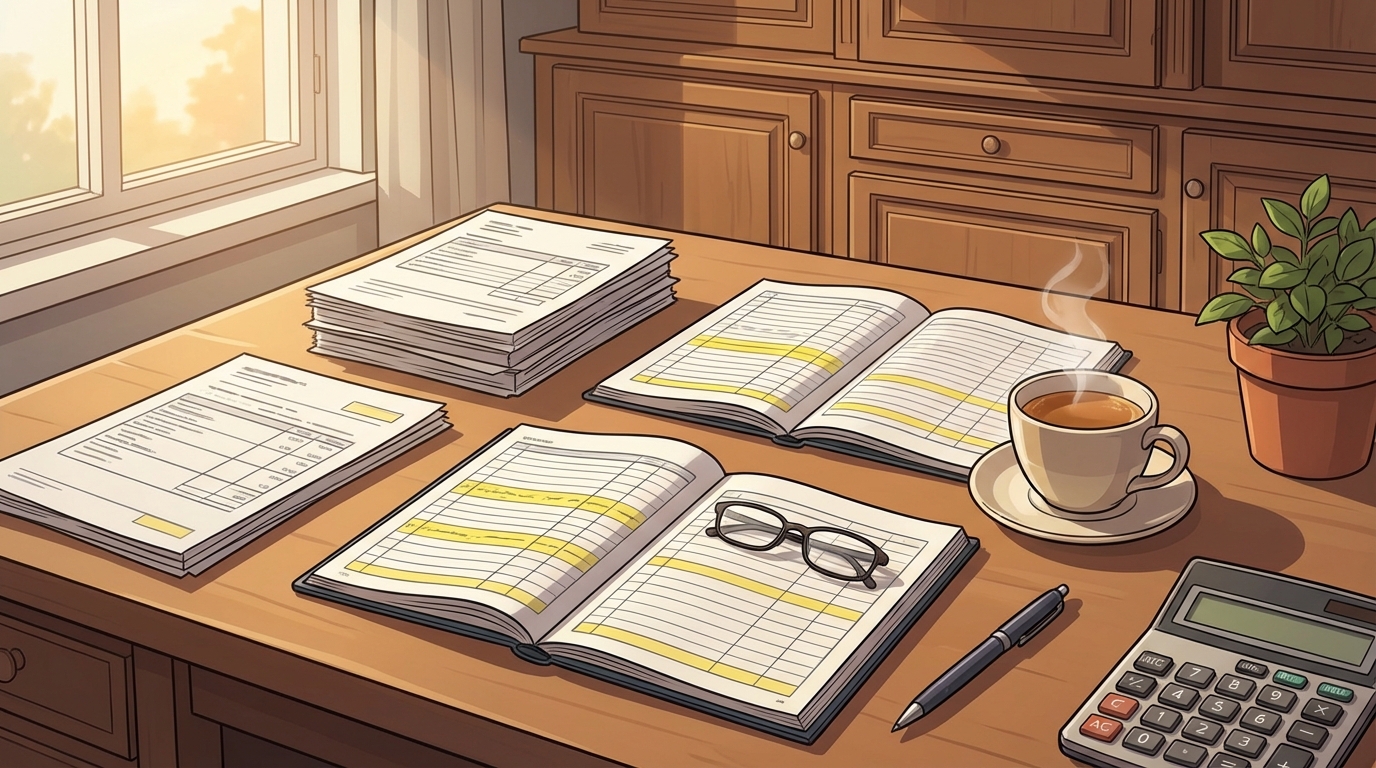A quiet desk with financial documents and a cup of tea, soft natural light