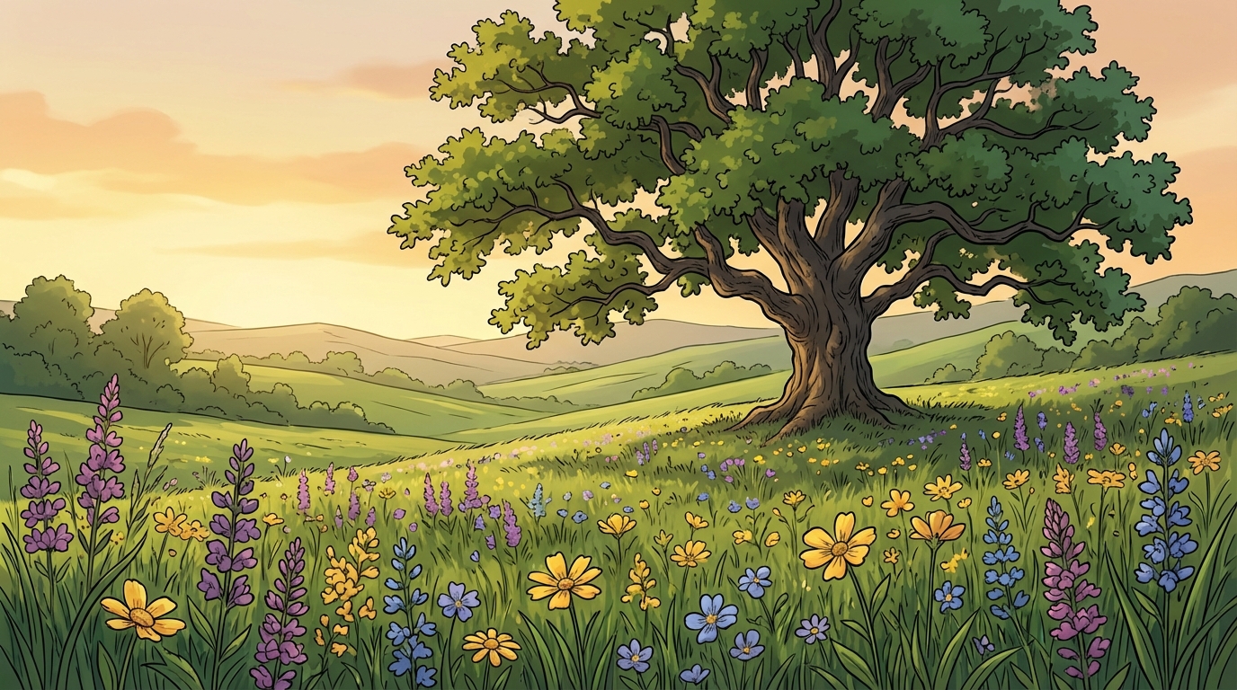 A peaceful natural landscape with wildflowers and soft light, evoking green burial
