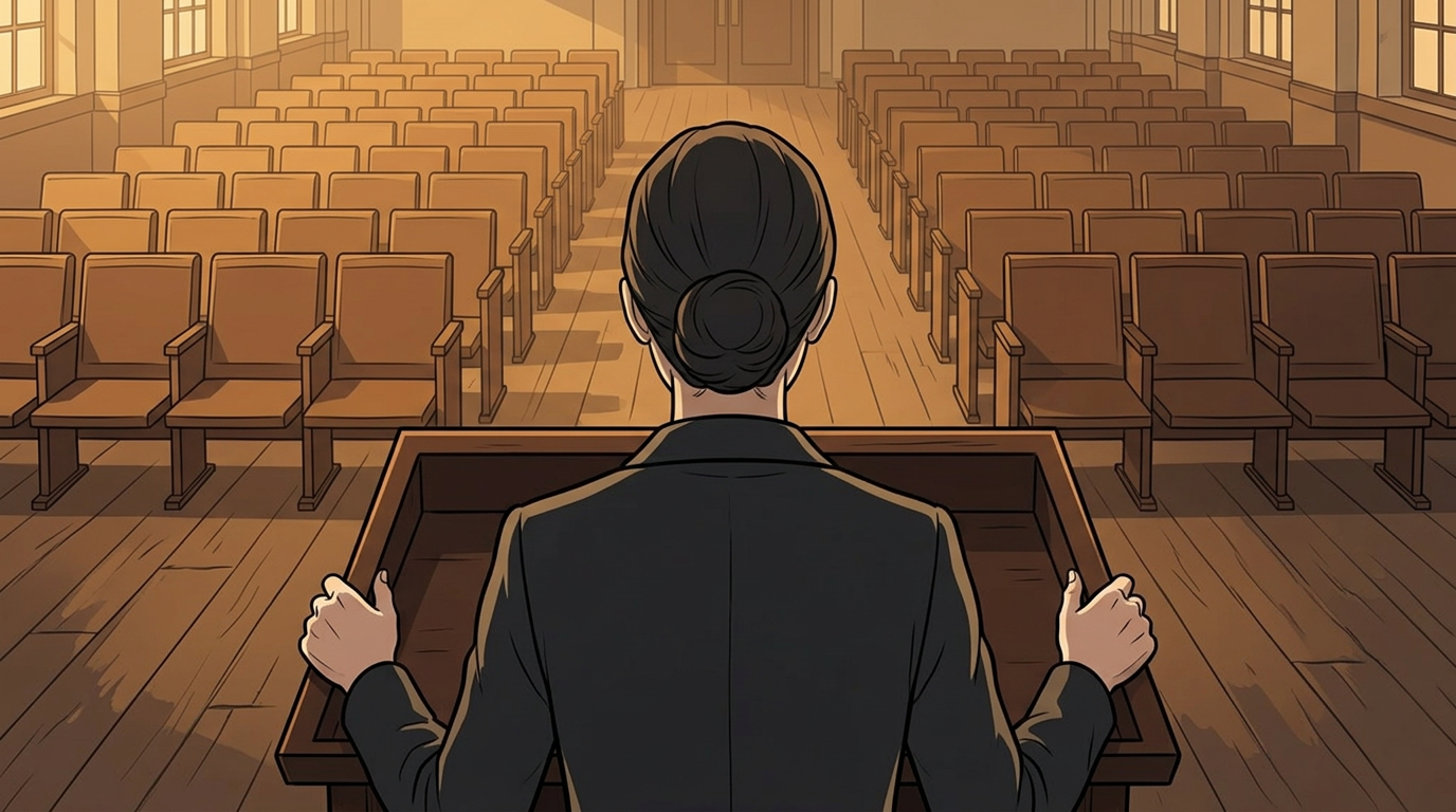 A person standing at a podium, looking out at empty chairs in a warm hall