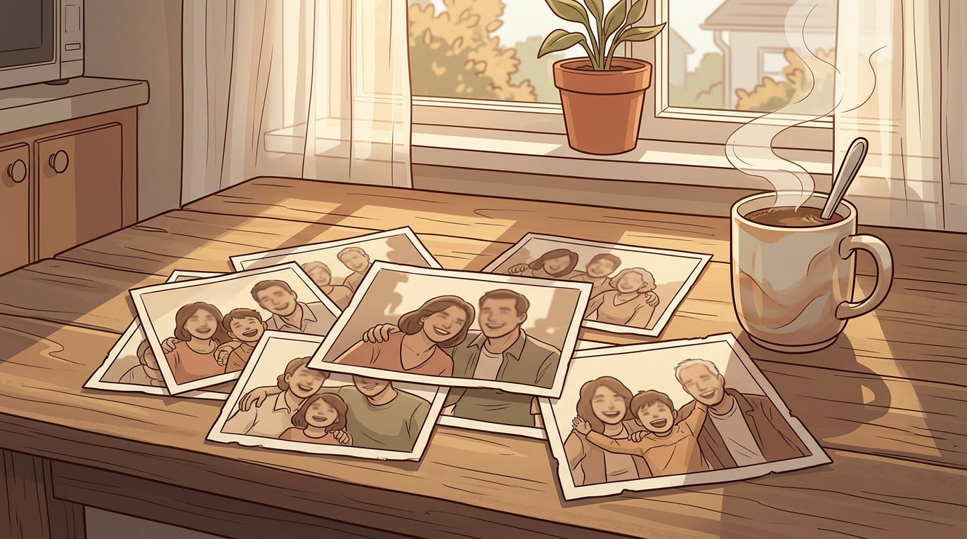Family photos spread on a kitchen table with a steaming cup of coffee