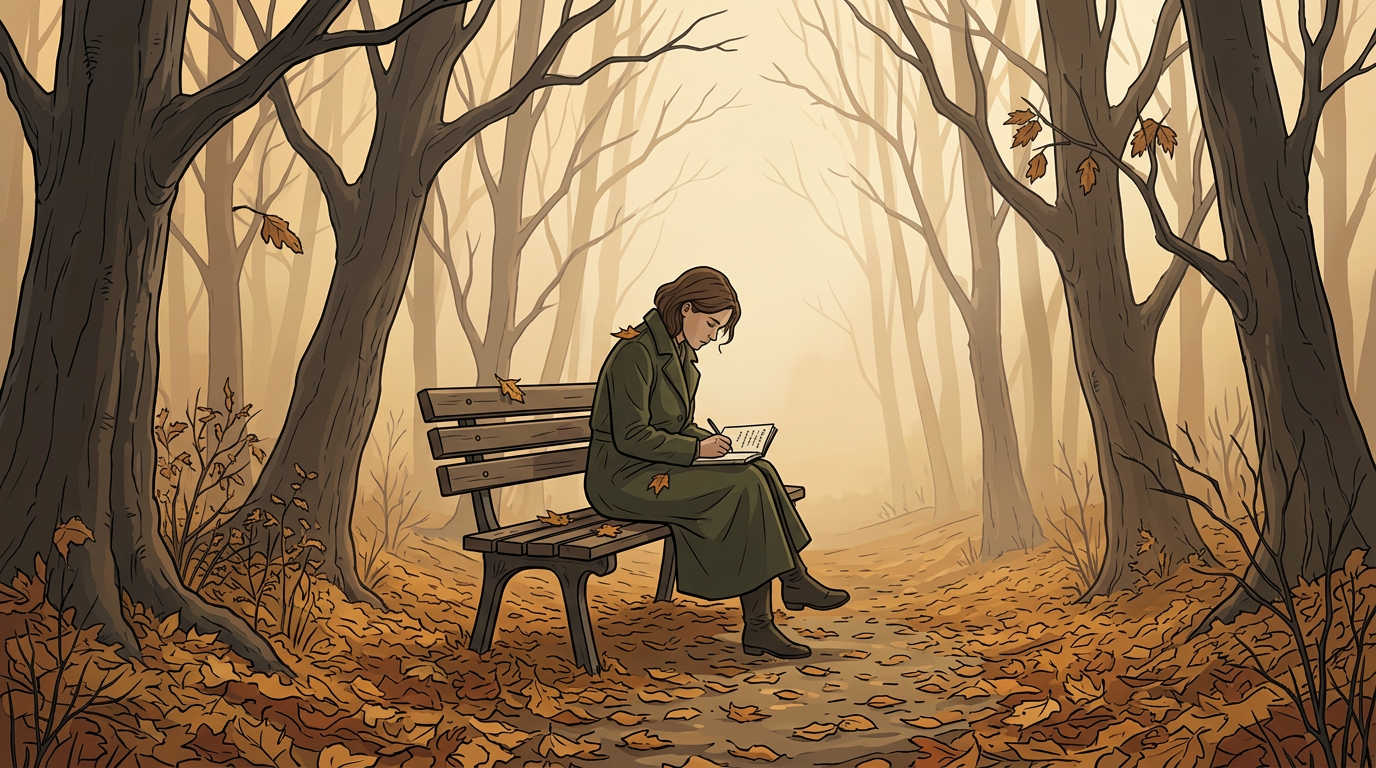 A person sitting on a park bench in autumn, writing in a notebook