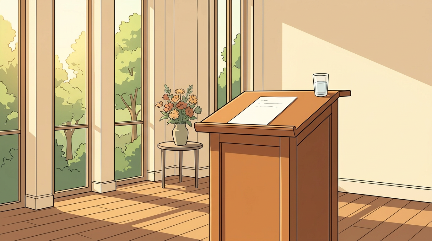 A simple wooden podium in a quiet room with warm natural light streaming through tall windows