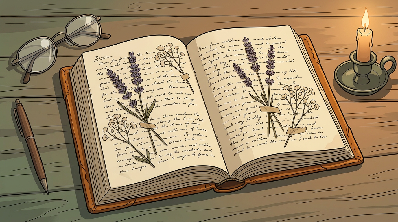 An open leather-bound journal with pressed lavender and baby's breath between the pages