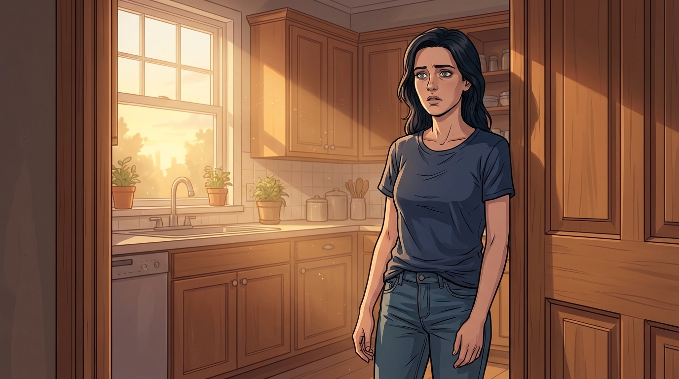 A solitary figure standing in soft morning light, the world carrying on around her