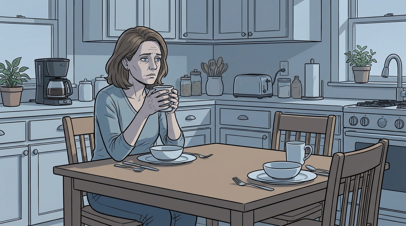 A woman sitting alone at a kitchen table in early morning light, two coffee cups visible