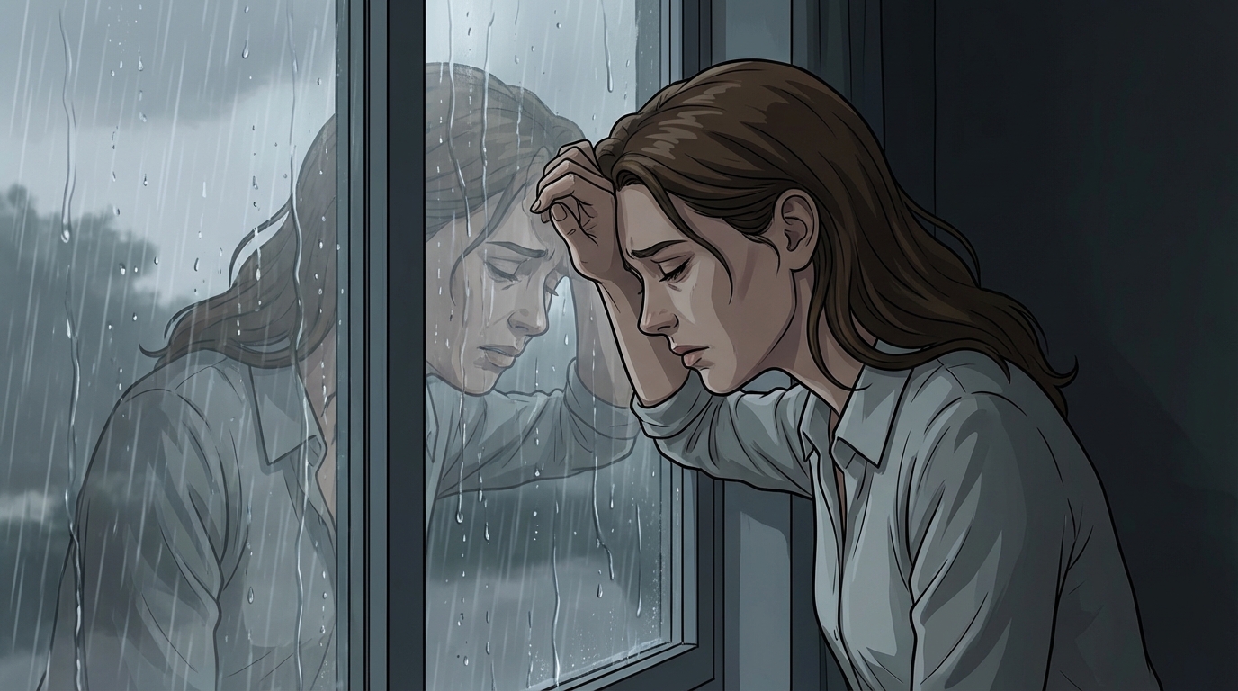 A woman standing at a rain-streaked window, contemplating