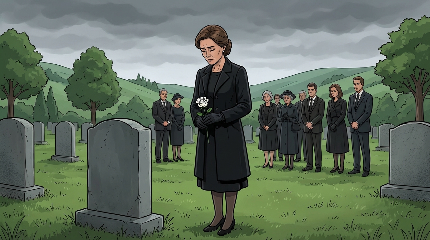 Hands holding a small bouquet of white flowers at a funeral