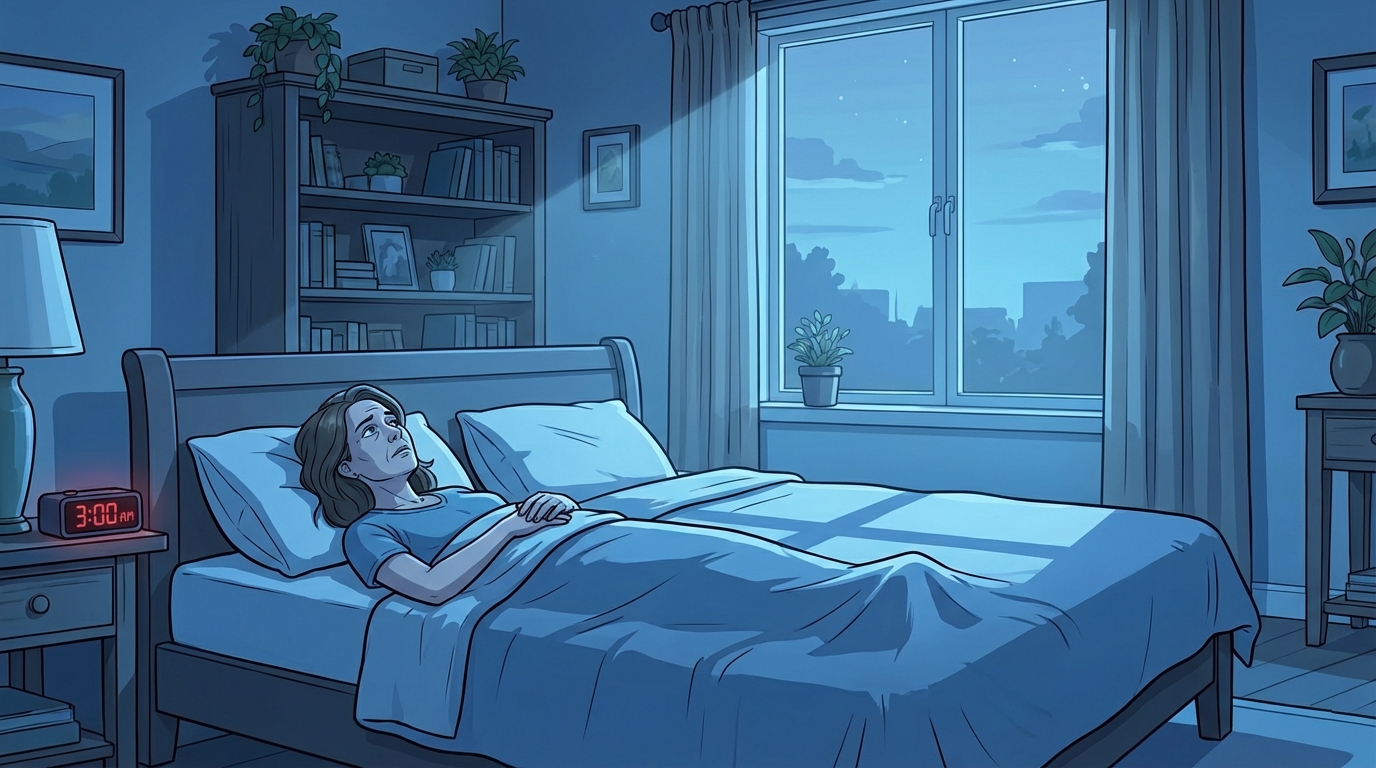 A dimly lit bedroom at night, soft lamplight casting warm shadows