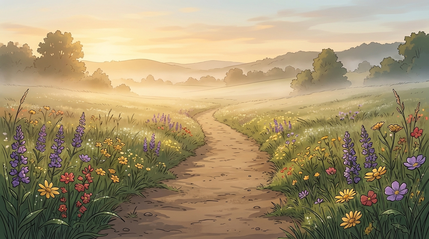 A quiet path stretching forward through gentle morning light