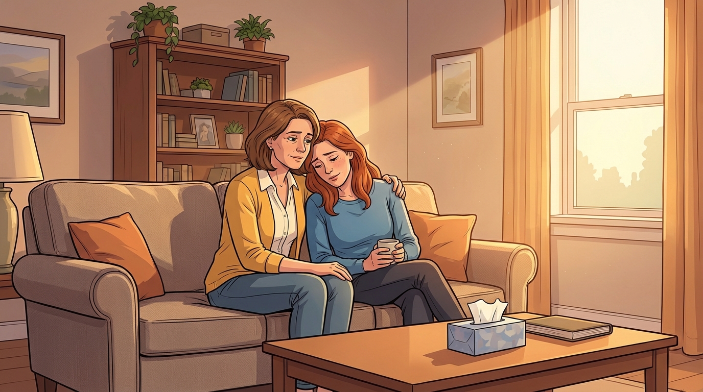 Hands clasped together in comfort, warm light filtering through a window