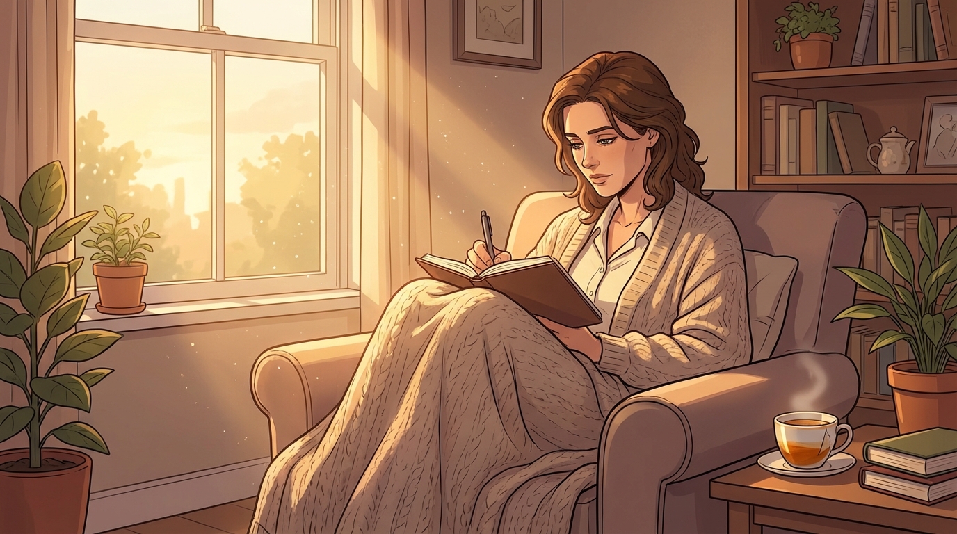 A journal and pen on a cozy armchair with a soft blanket, warm morning light