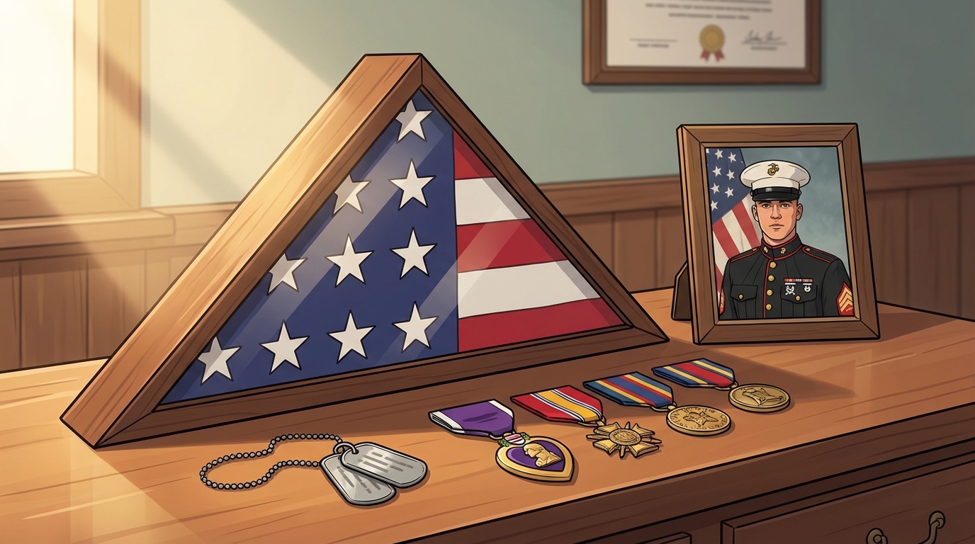 A folded American flag in a triangle display case with military medals, dog tags, and a framed photograph of a soldier