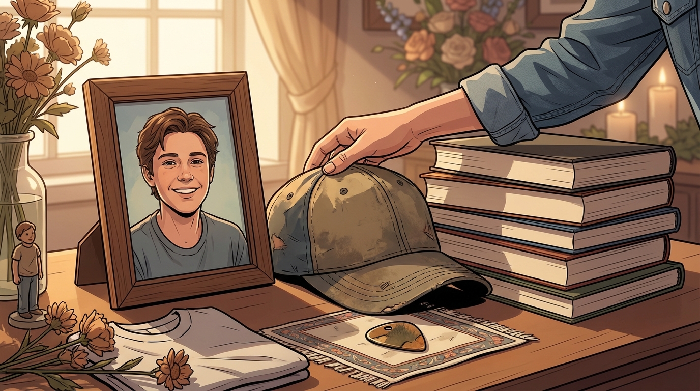 Personal touches and memory items displayed at a memorial service