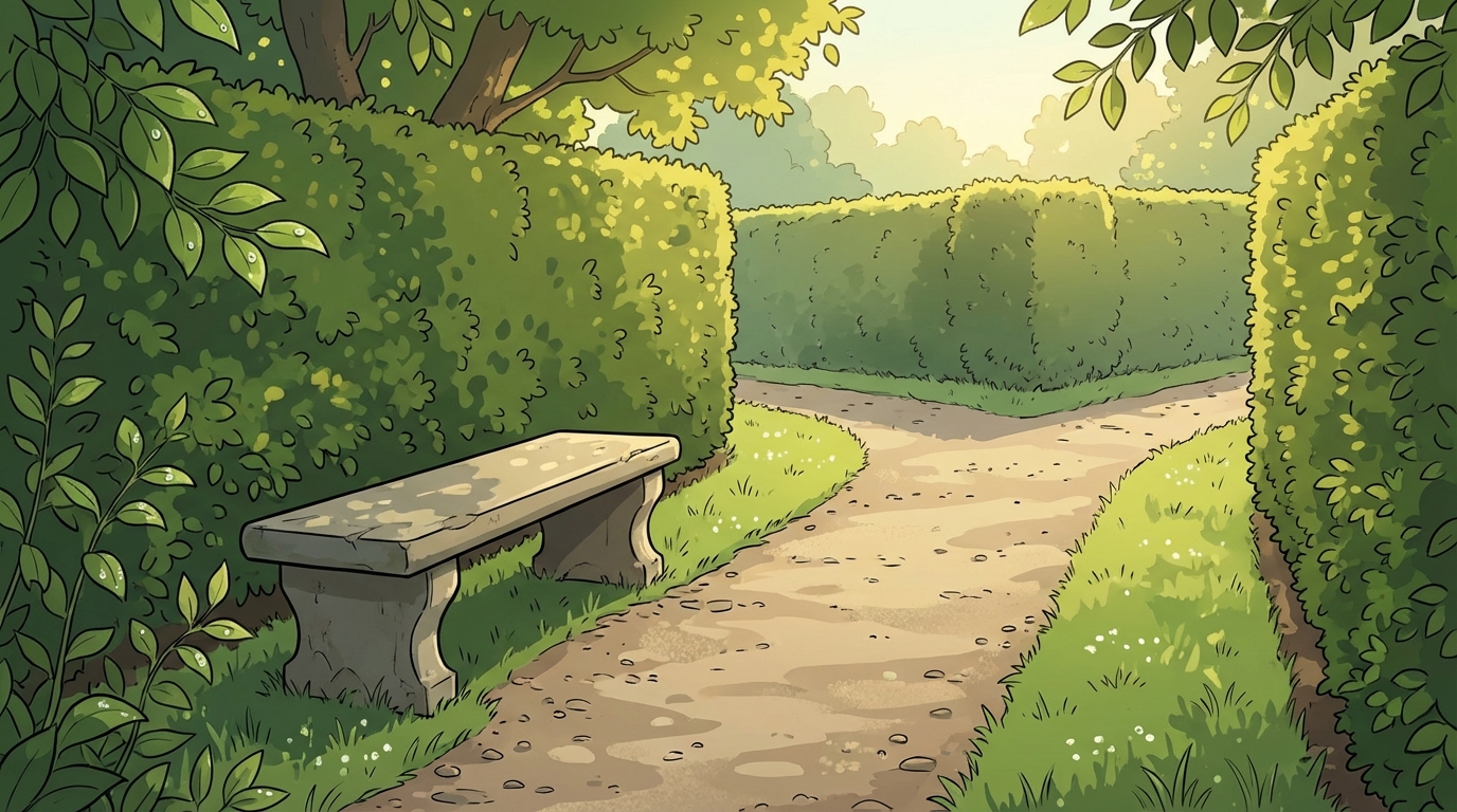 A peaceful garden path in soft morning light, decisions ahead