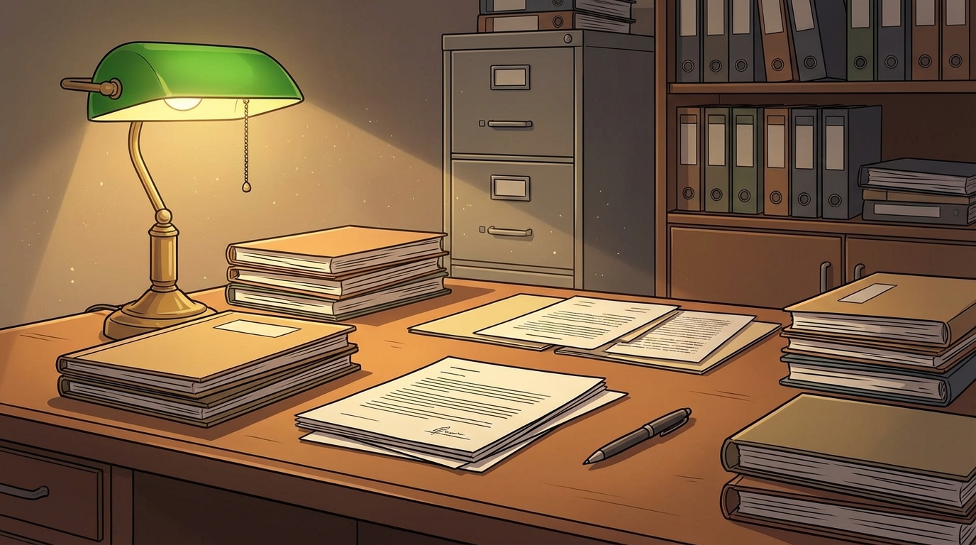A desk with documents in warm lamplight, the quiet work of settling affairs