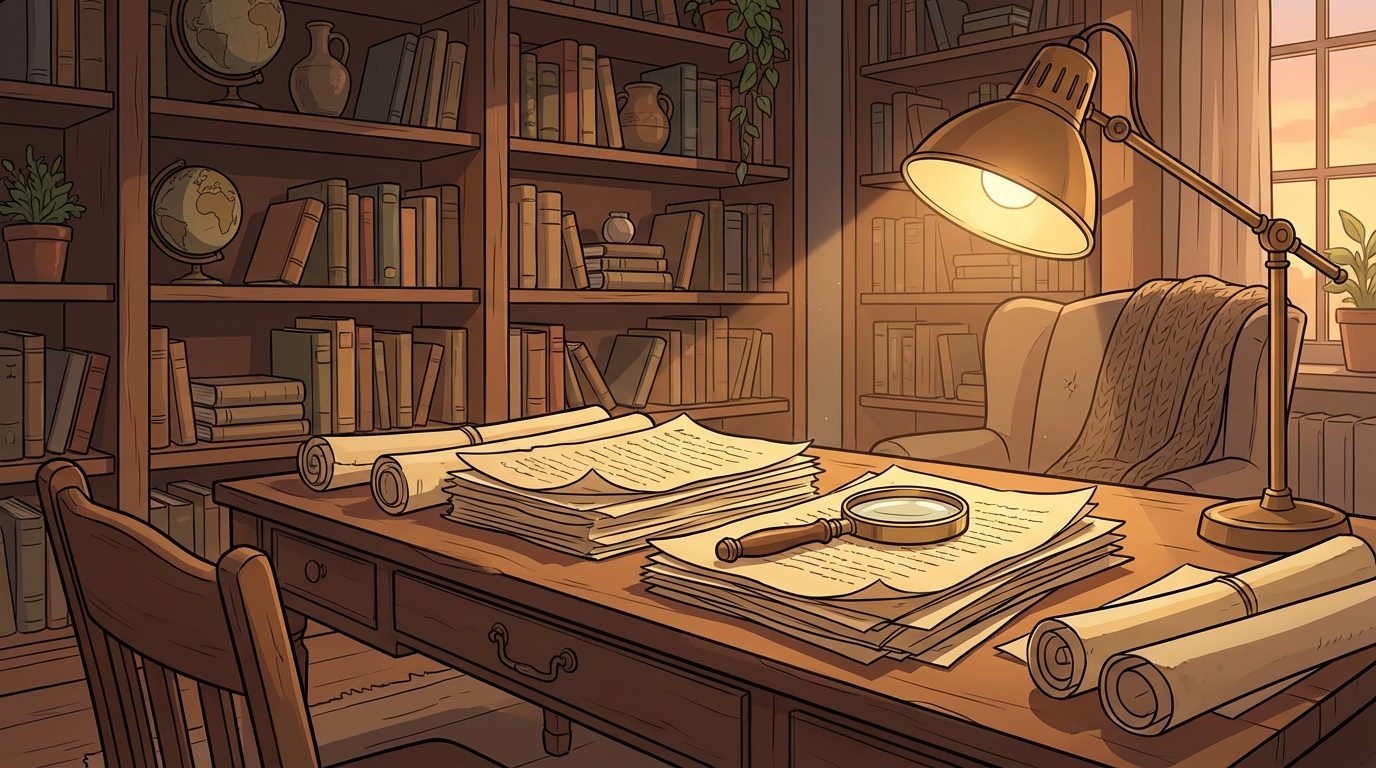 A quiet space for reflection and planning, soft warm light on aged paper