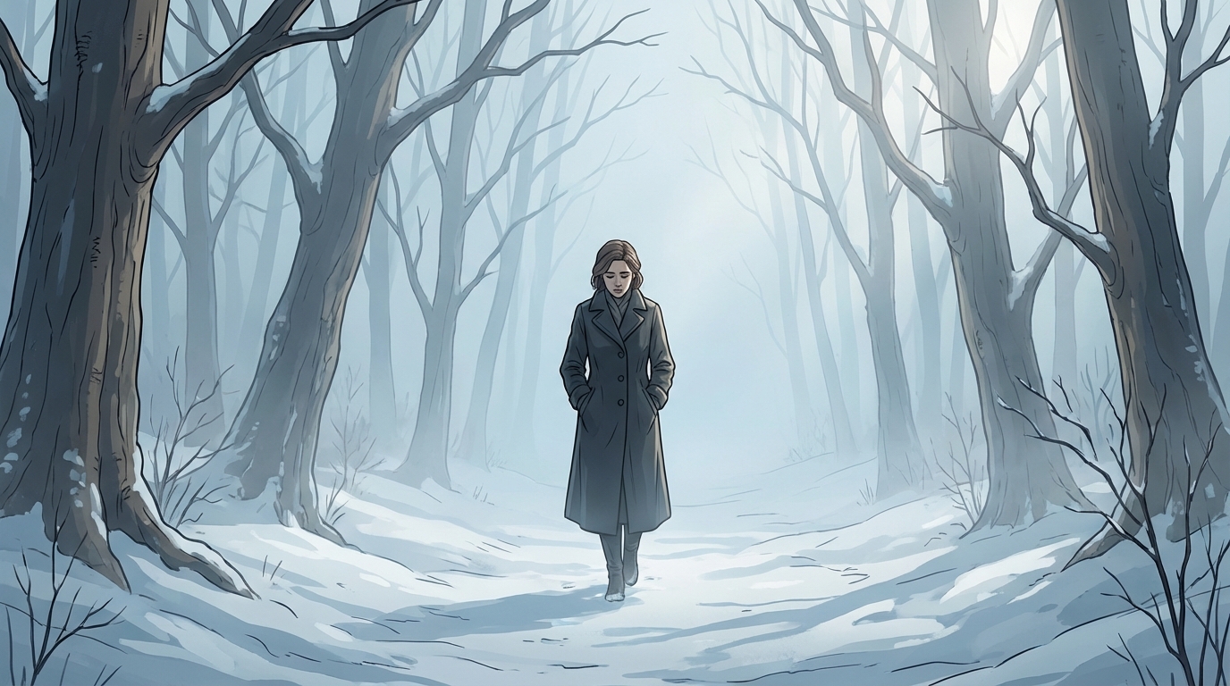 A misty path through bare winter trees, soft golden light filtering through fog