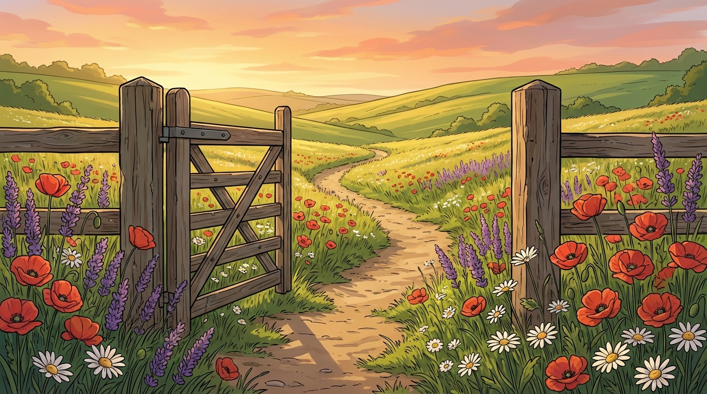 A garden gate opening to a sunlit meadow at dawn, climbing flowers framing the path