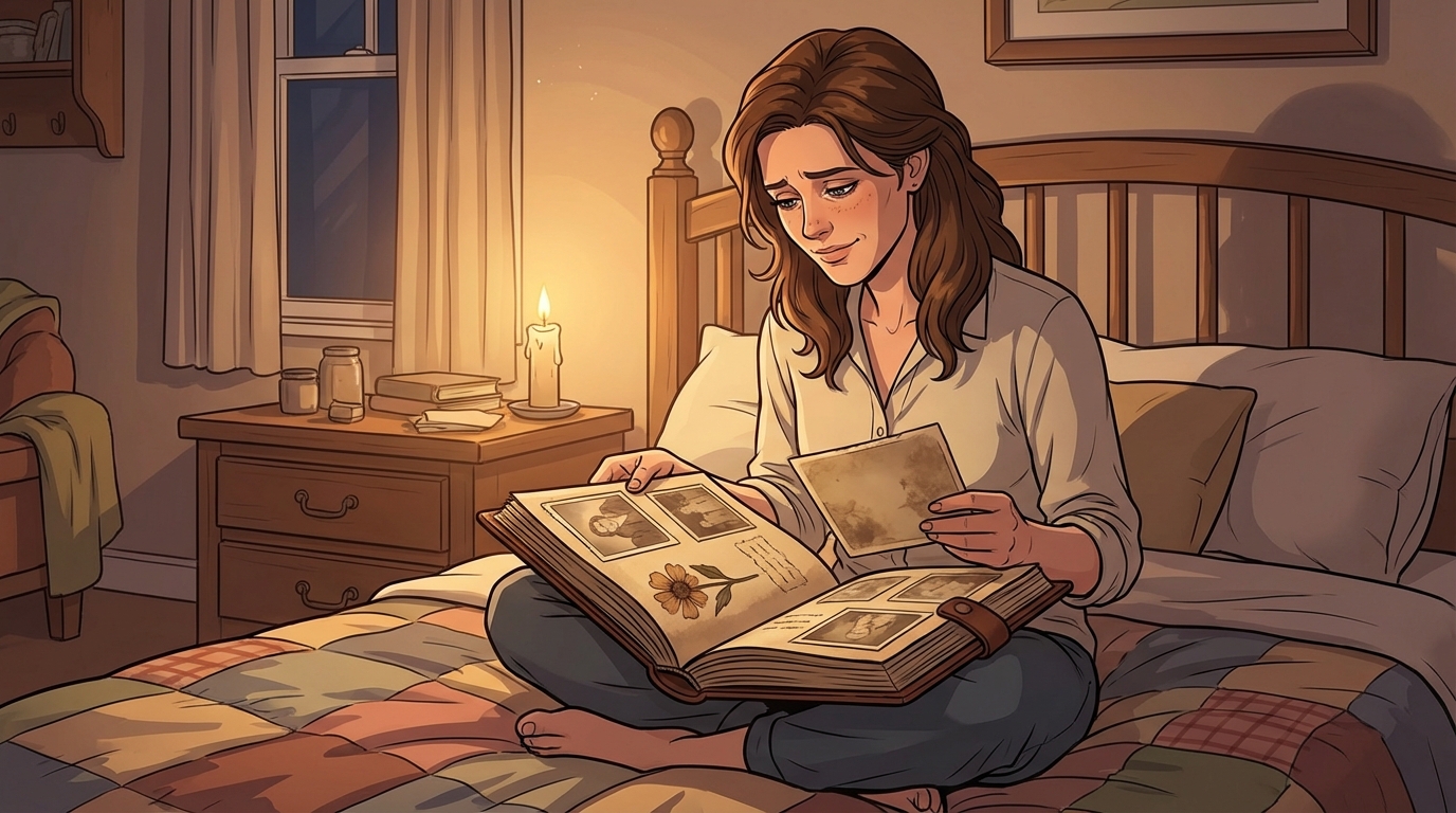 A wooden keepsake box with dried flowers and old photographs, lit by candlelight