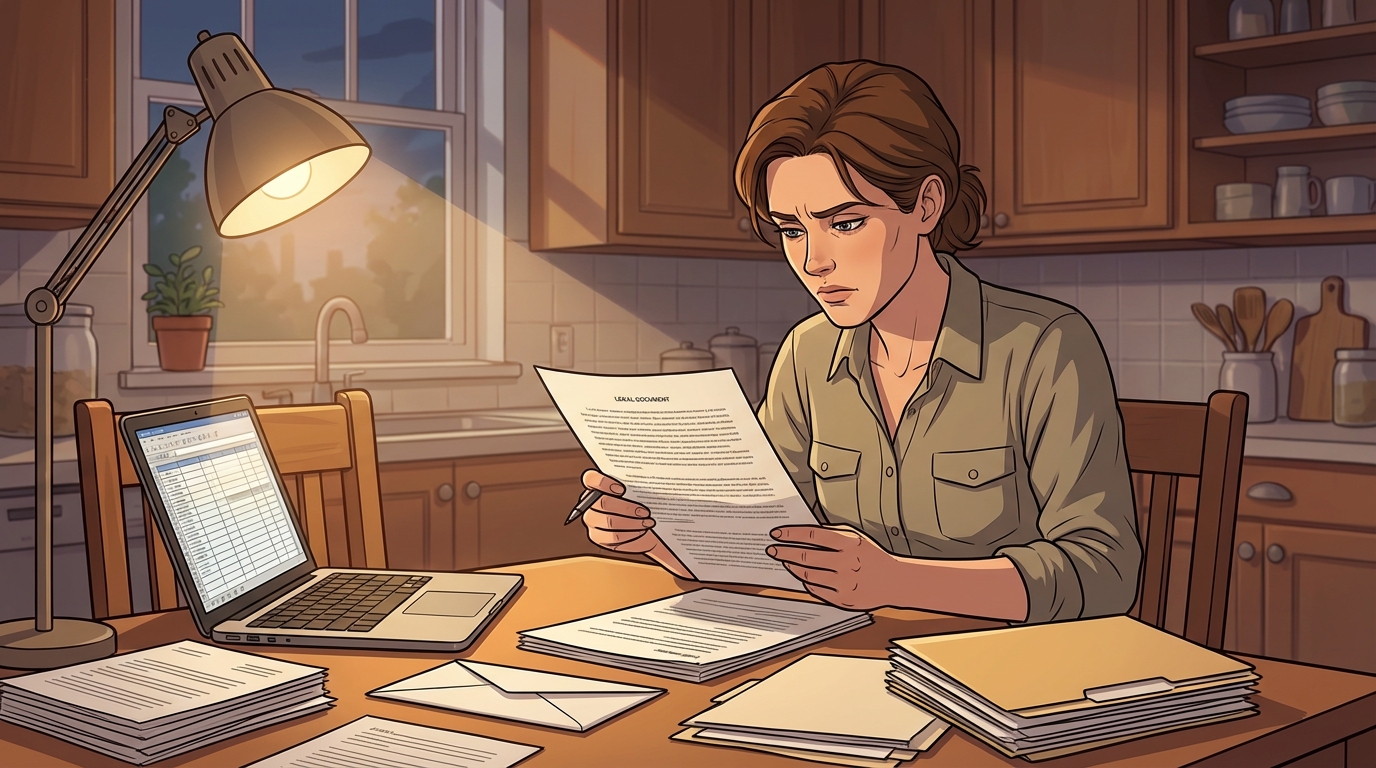 Hands resting on an open journal at a wooden desk, soft warm light