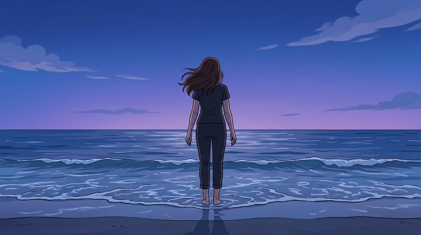 Ocean waves at dusk, painted in soft watercolor brushstrokes