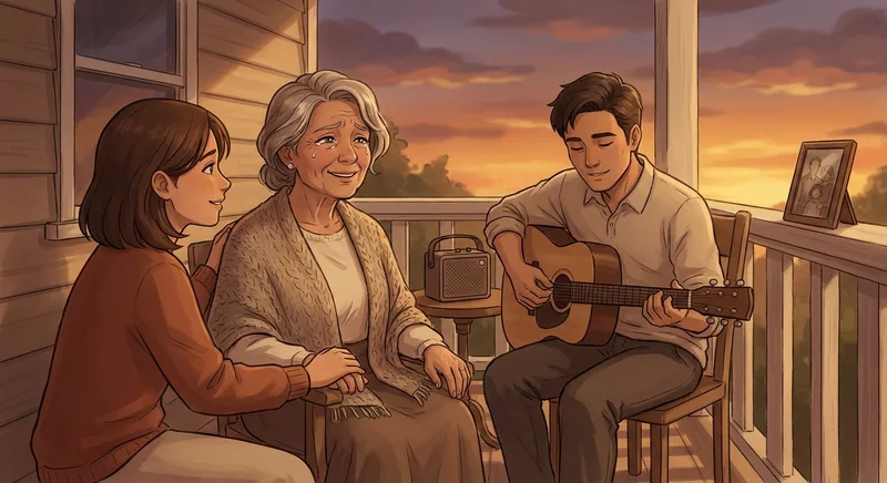 Family gathered on a porch at sunset listening to a memorial song together with a framed photo nearby