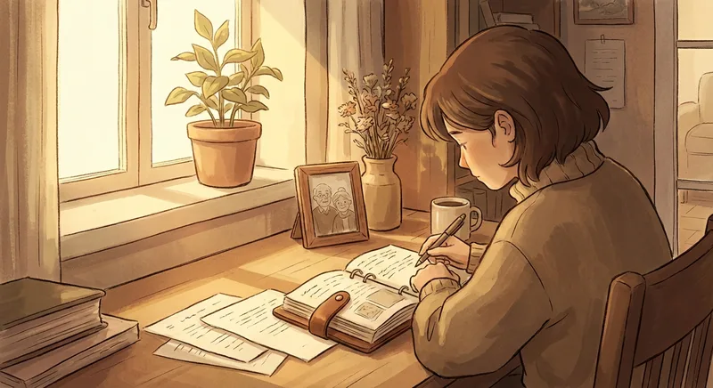 Songwriter writing personalized memorial song lyrics at a desk with a framed photo and scattered notes