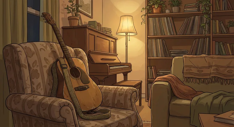 Cozy living room with acoustic guitar, piano, and vinyl records reflecting a personal music collection