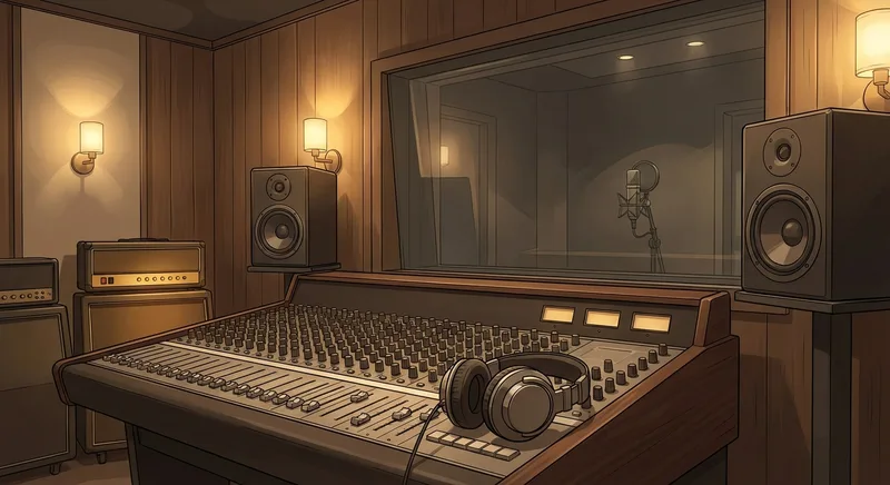 Professional music studio with analog mixing console, studio monitors, and vocal booth
