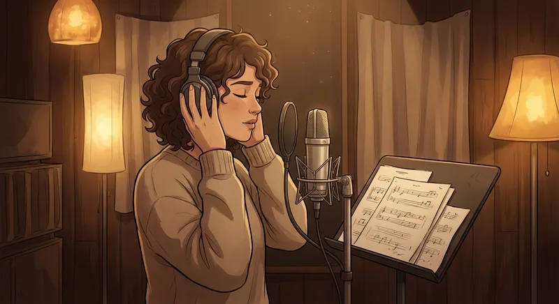 Vocalist recording a memorial song in an intimate studio with eyes closed at a vintage microphone