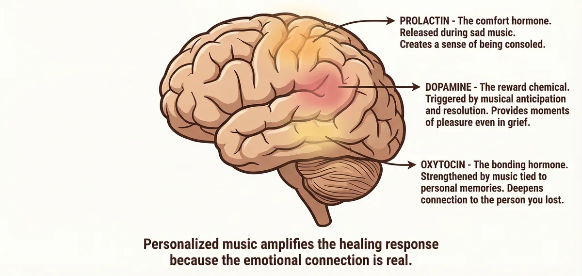 How custom memorial songs heal the grieving brain — prolactin comfort response, dopamine reward, and oxytocin bonding triggered by personalized memorial music