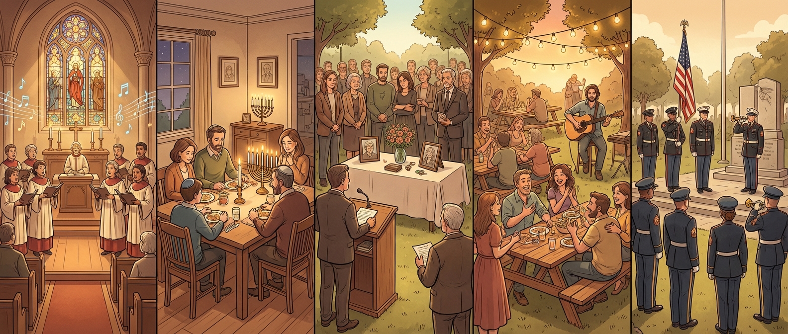 Custom memorial songs across cultural and religious traditions — Christian hymn and gospel funerals, Jewish yahrzeit remembrance, secular celebrations of life, and military memorial services with honors