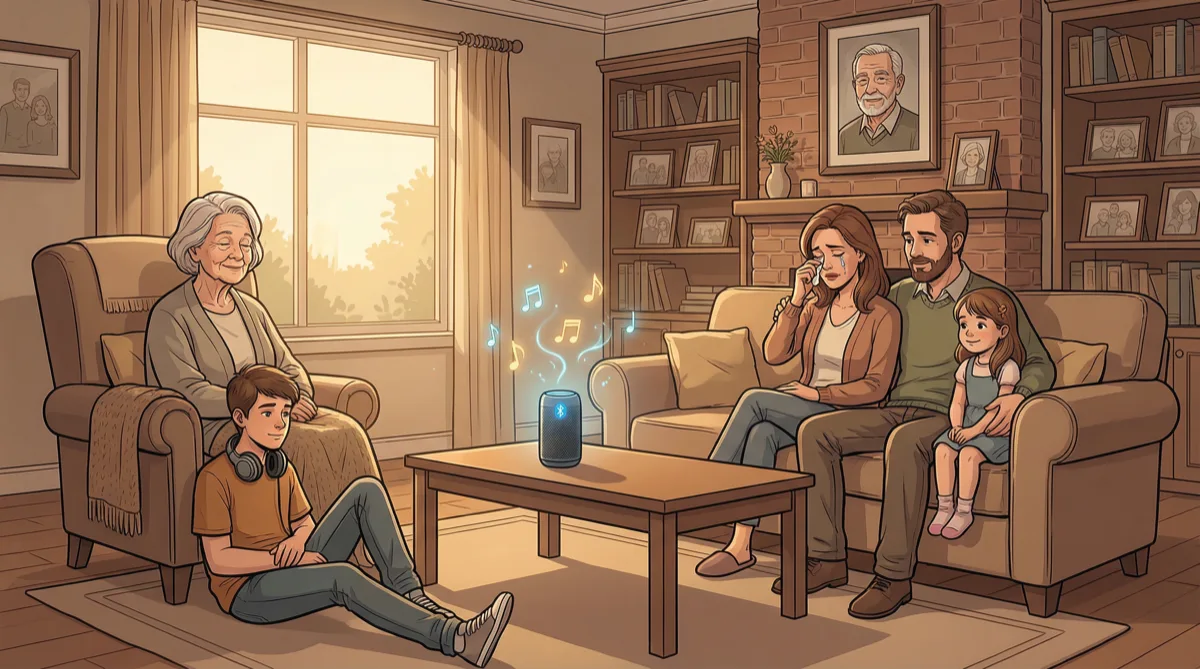 A family gathered in their living room listening to a custom memorial song together — grandmother, parents, and children with a portrait of their loved one on the wall, using the song as an ongoing tradition of remembrance