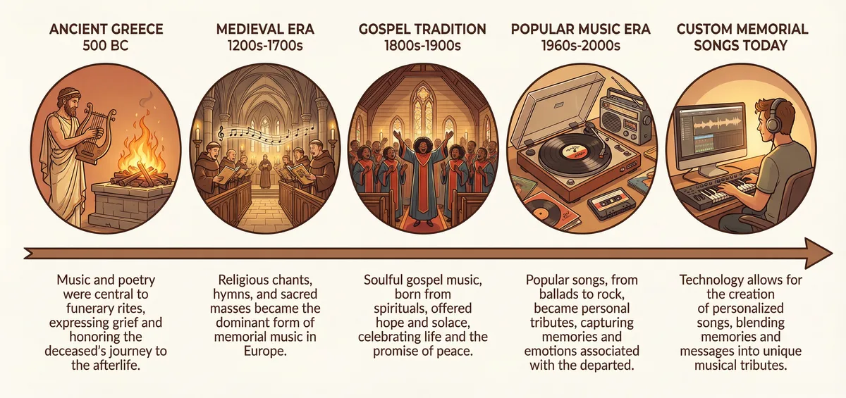 The history of memorial music — from ancient Greek funeral dirges to medieval requiems, gospel traditions, popular songs at funerals, and custom memorial songs today