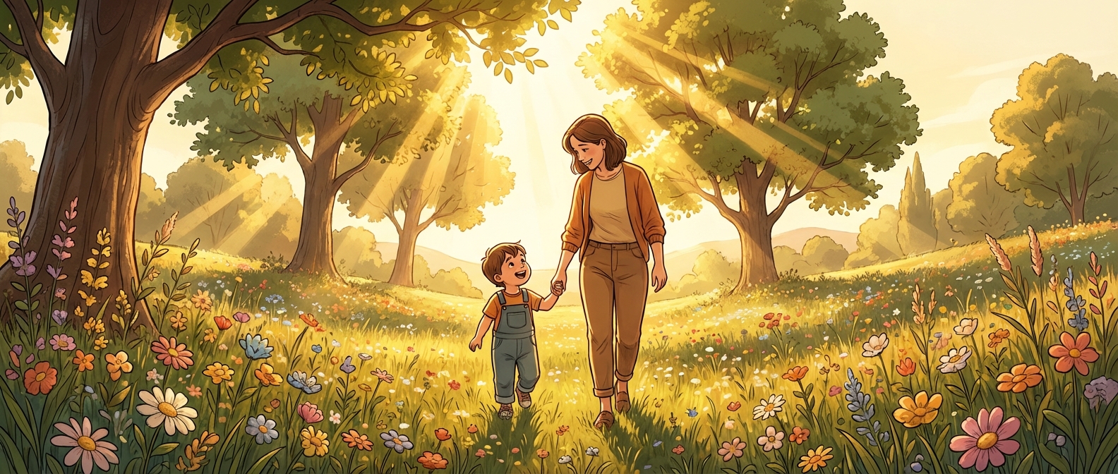 Parent walking hand in hand with a young child through a sunlit meadow