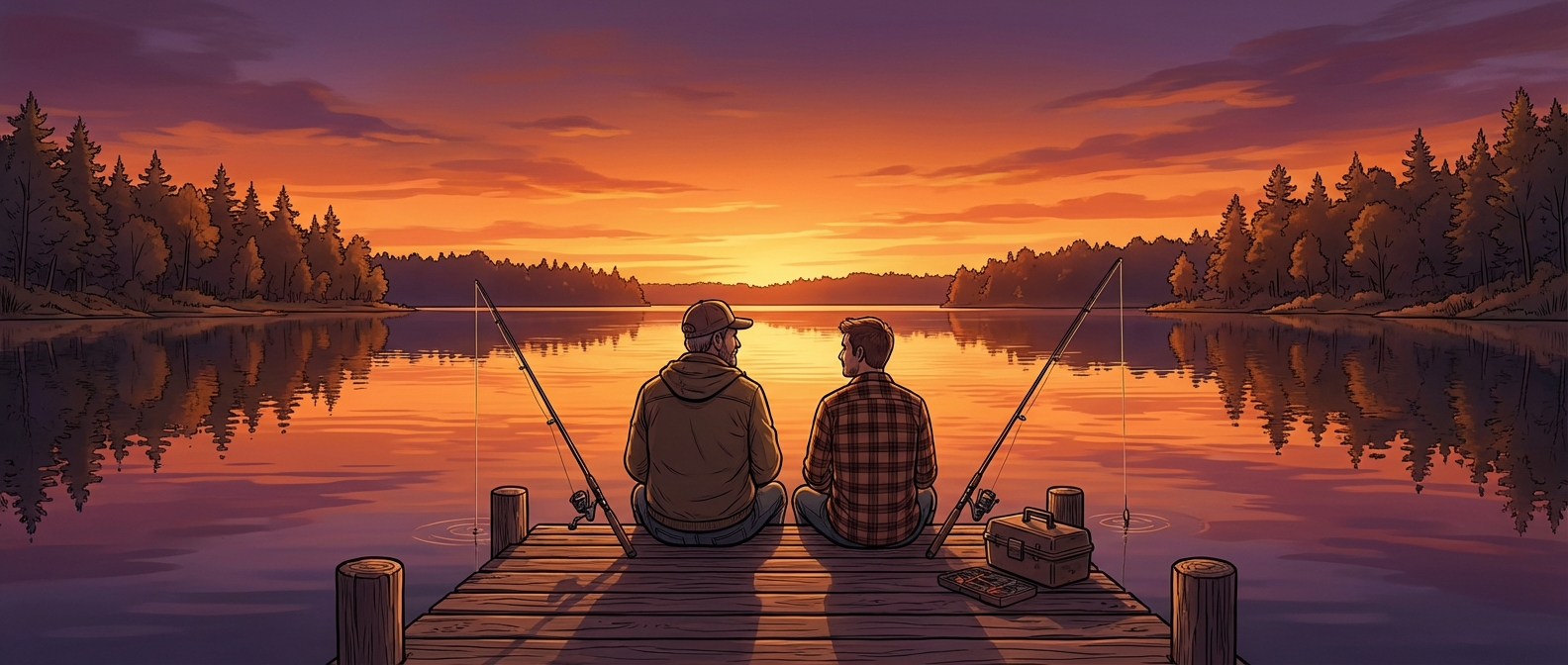 Father and son fishing together at sunset