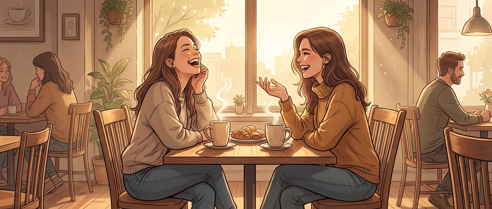 Two friends laughing over coffee at a sunlit table