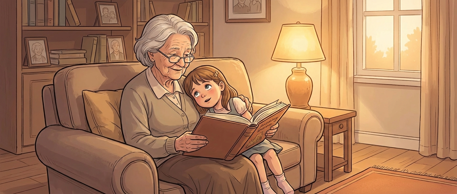 Grandmother reading a story to a grandchild on a cozy couch