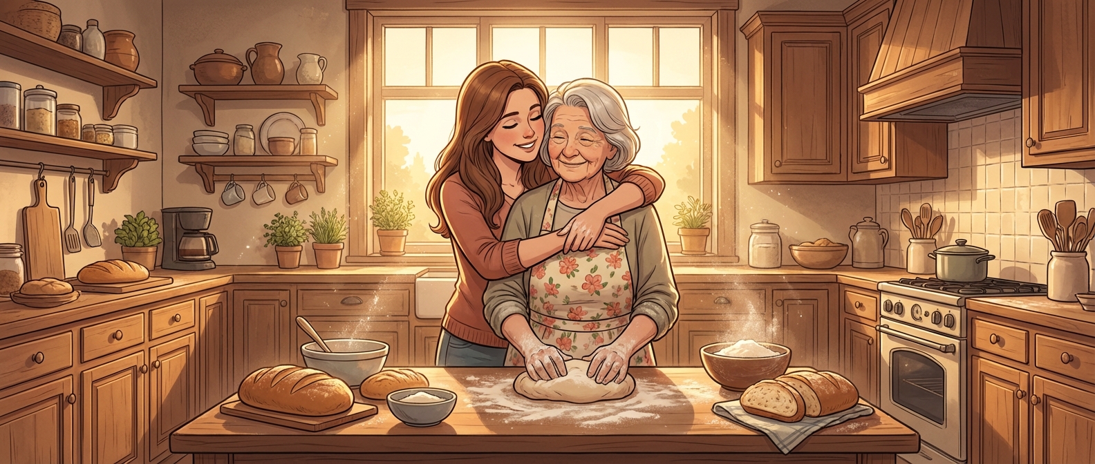 Mother and daughter embracing in a warm kitchen