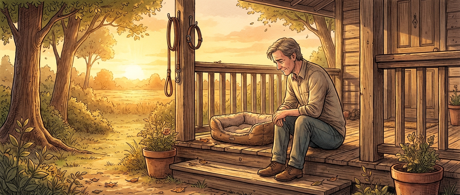 A person sitting alone beside an empty pet bed at sunset