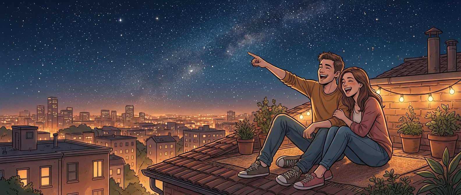 Two siblings sitting on a rooftop stargazing and laughing