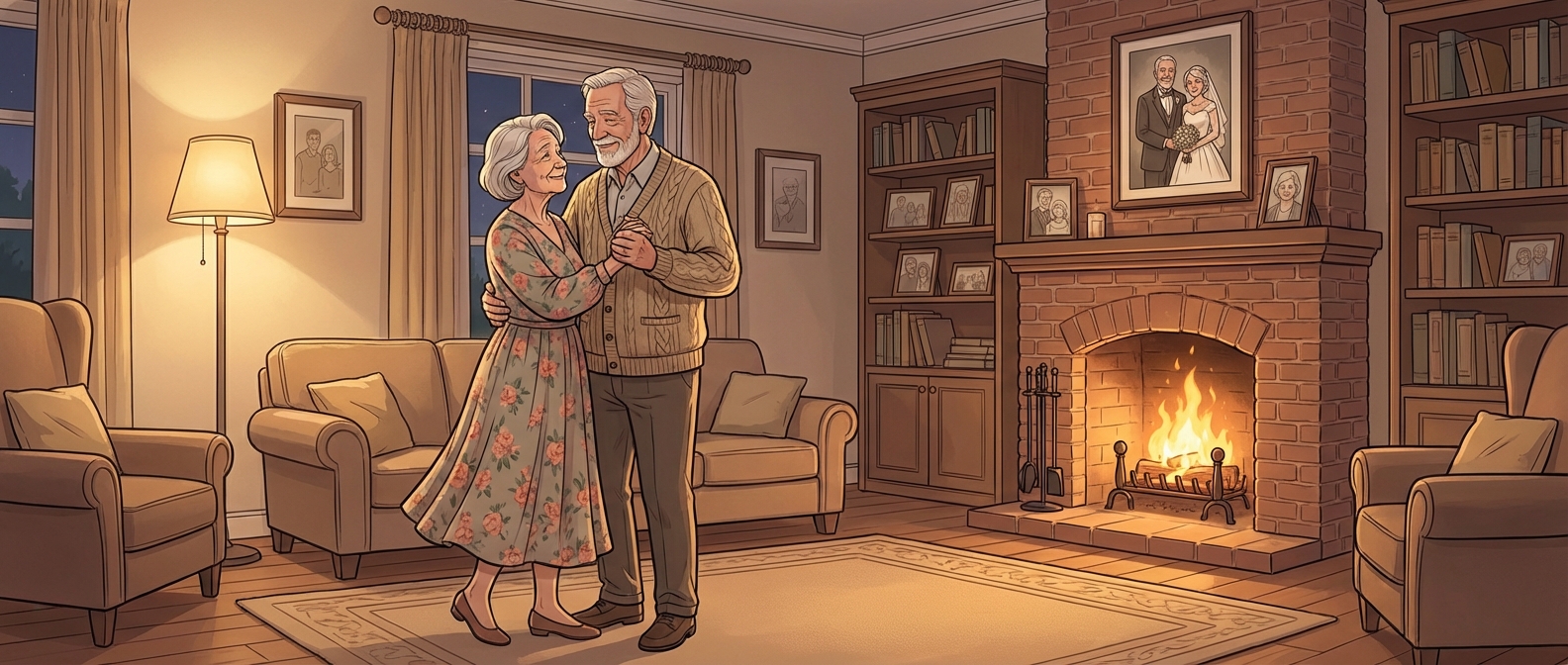 Elderly couple dancing together in their living room