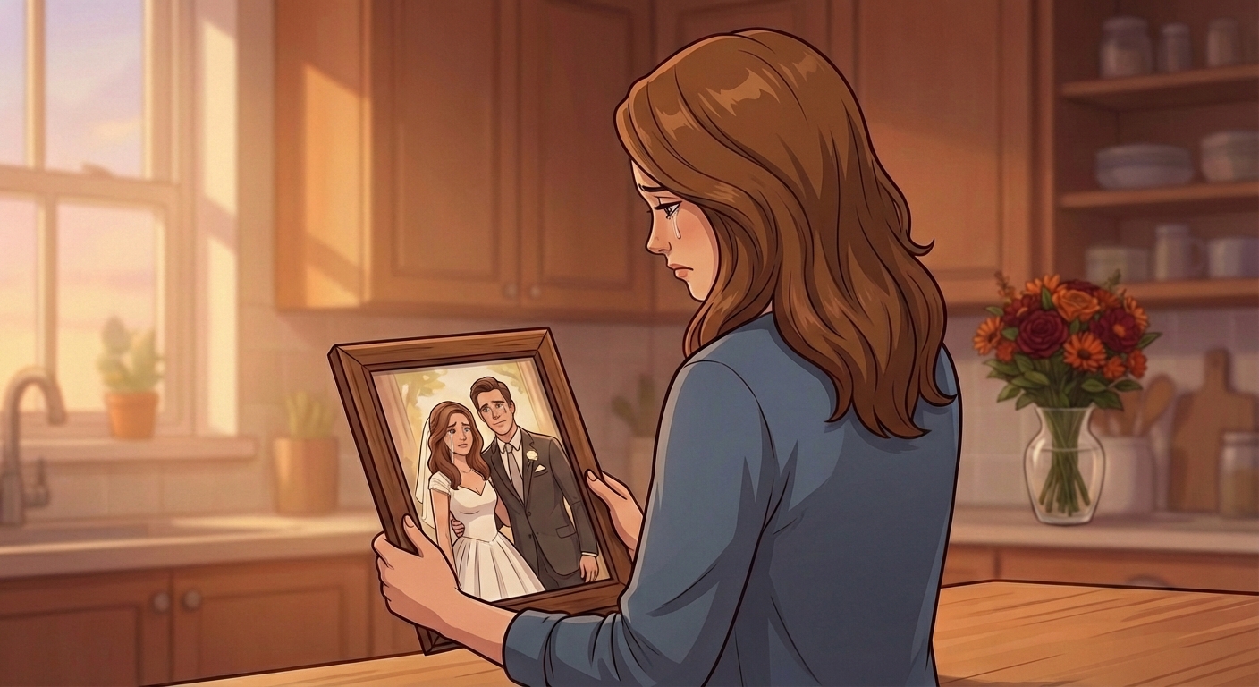 Woman holding wedding photo with flowers in background
