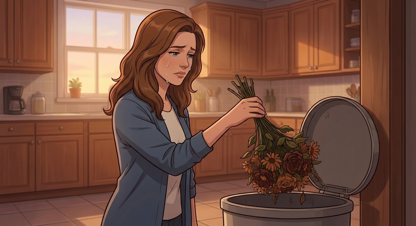 Woman throwing wilted flowers in trash