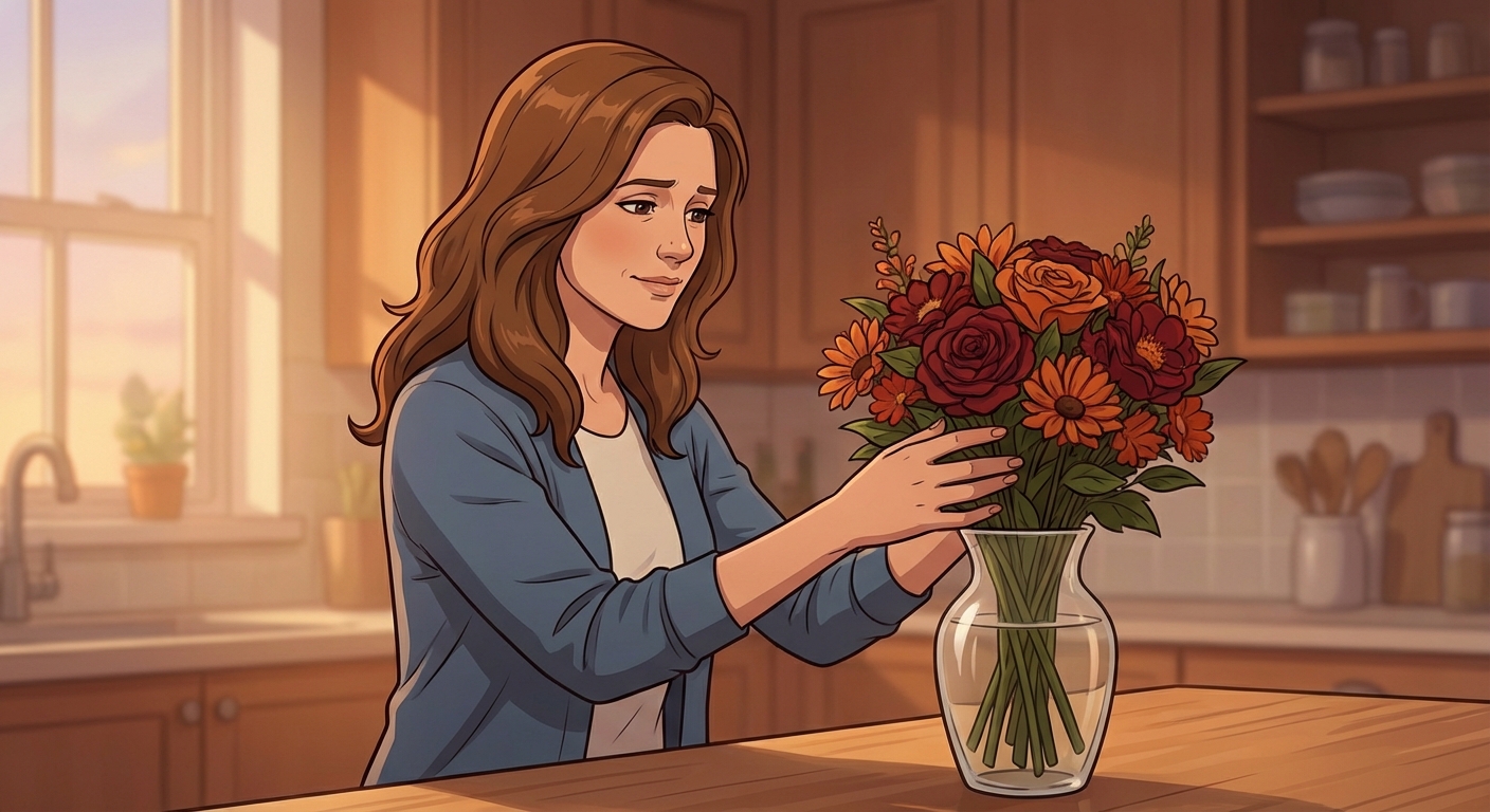 Woman putting flowers in vase alone
